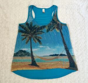 blue sequin beach tropical print racerback tank top